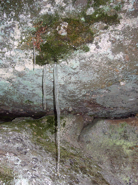 Wasser rinnt aus dem Stein und gefriert