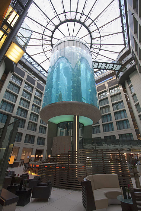 Im Hotel Radisson Blu fährt man mit dem Aufzug durch ein Aqarium
