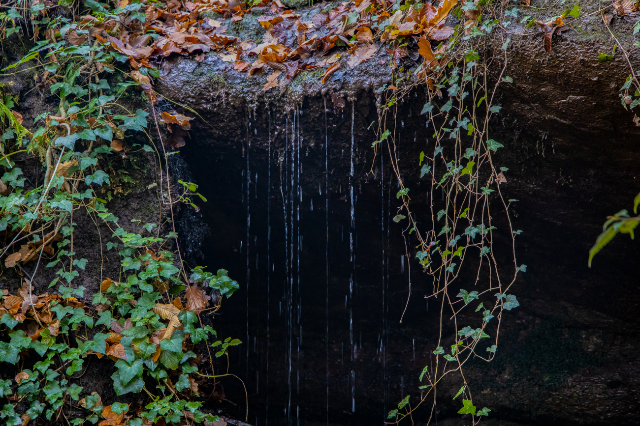 Regenwasser fließt vor einer Höhle hinab