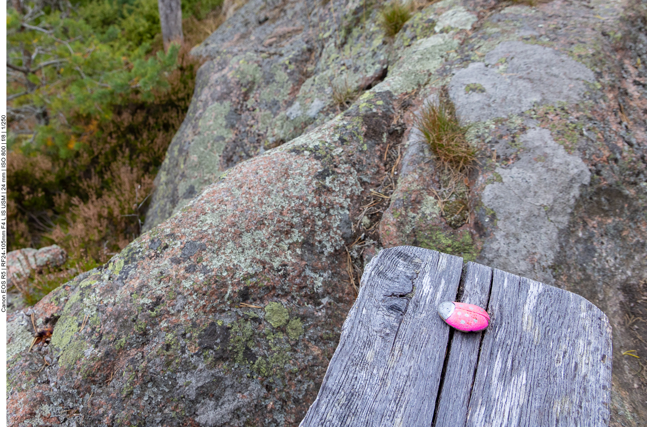 Bemalter Stein auf einer Bank
